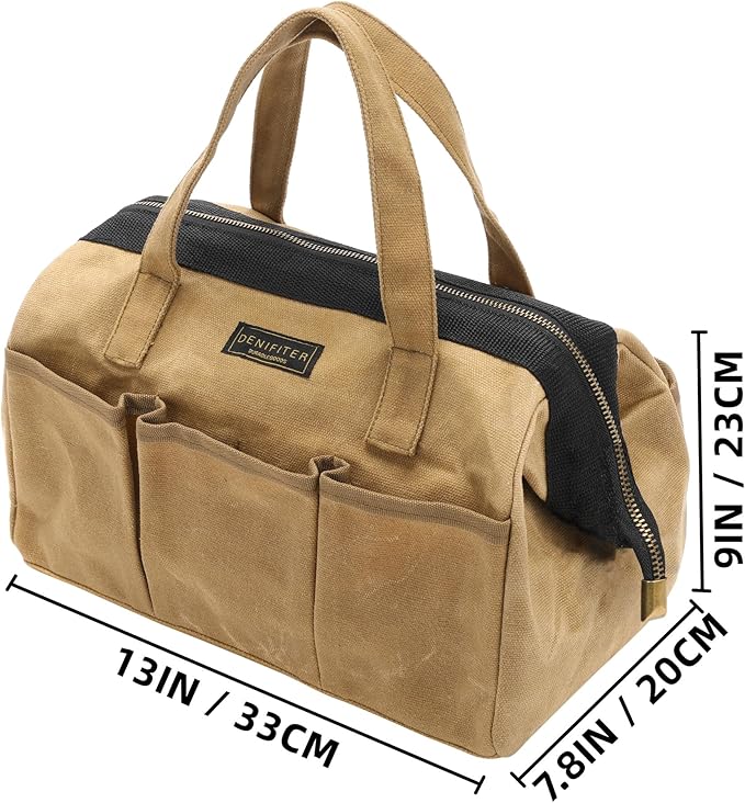 Tool Bag, 13-inch Heavy Duty Wide Mouth Water-Resistant Waxed Canvas Zipper Bag, Tool Tote with Handle for Tools, Wrenches, Screwdrivers (13 X 7.8 X 9 inch) | Khaki