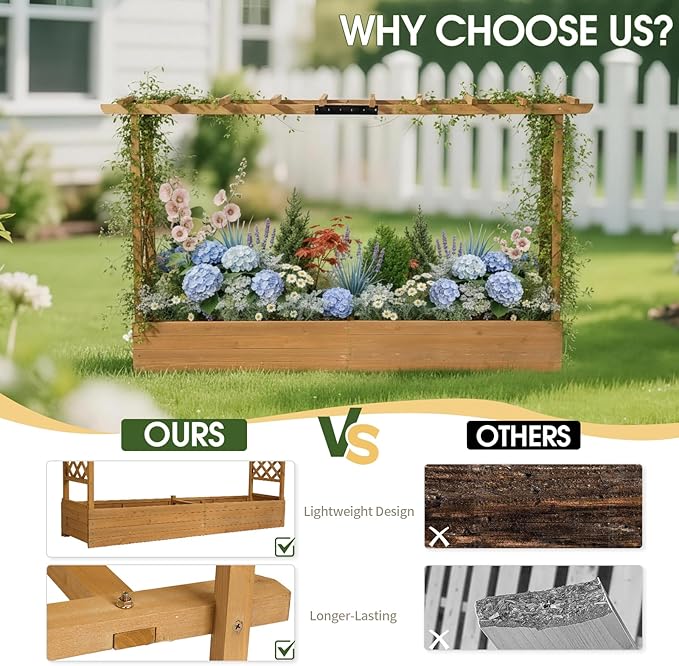 VINGLI Raised Garden Bed with Trellis & Hanging Roof, Wooden Garden Bed, Outdoor Planter Box for Yard, Garden, Balcony (Teak Color, Wider)