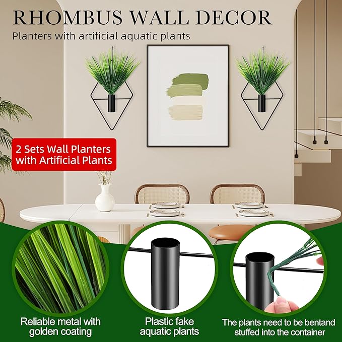 2 Pack Black Wall Decor Hanging Planters with Artificial Plants Metal Hanging Vase Indoor Plants Holder Modern Boho Wall Art for Bathroom Bedroom Living Room Office (Black, Aquatic Plant)