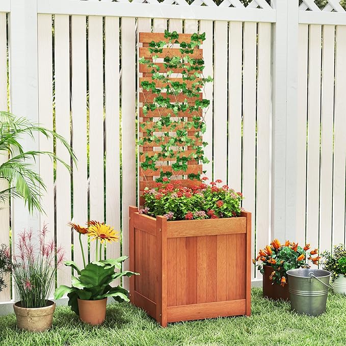 Giantex Wood Raised Garden Bed with Trellis, Outdoor Planter Box w/Open-Ended Base for Climbing Plants, 18'' Planting Depth Freestanding Privacy Planters Trellis Planter for Patio, Backyard