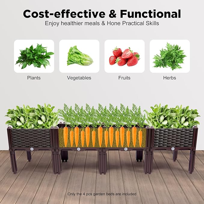 Raised Garden Bed with Legs, Outdoor Plants Planter Box Plant Pots Elevated Garden Boxes, Plastic Raised Beds for Gardening Vegetables Herb Flower Plants, Perfect for Indoor Outdoor Planting, 4 Boxes