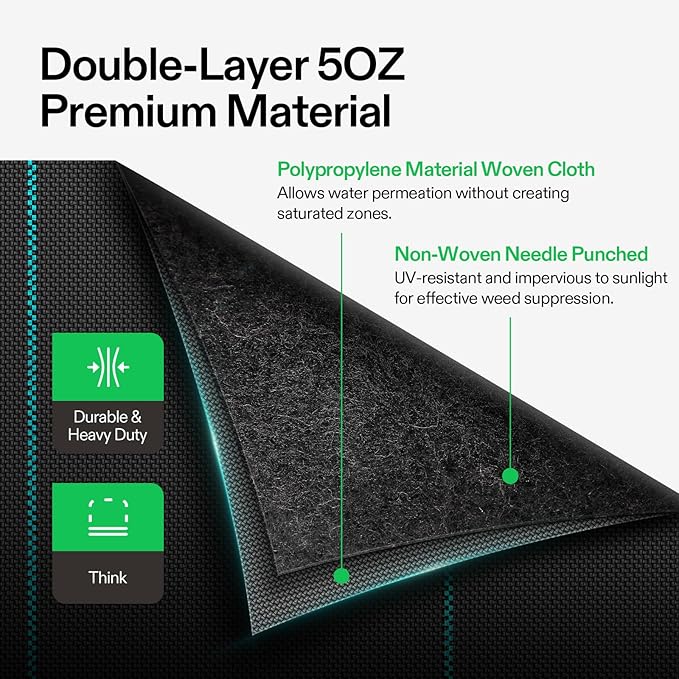 VIVOSUN Premium Weed Barrier Landscape Fabric Heavy Duty, 4ftx50ft 5oz Double-Layered Weed Control Mat with High Permeability, Commercial Ground Cover, Easy Set up & Superior Weed Control