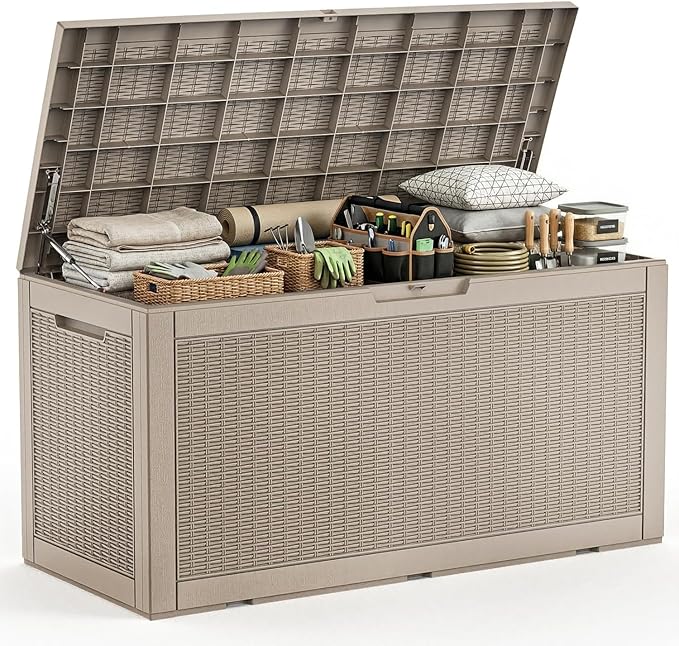 Outdoor Waterproof Resin Storage Deck Box Lockable Outside Bench UV Resistant Bin Patio Porch Furniture Pool Float Garden Tool Cushion (Grey, 120 Gallon)