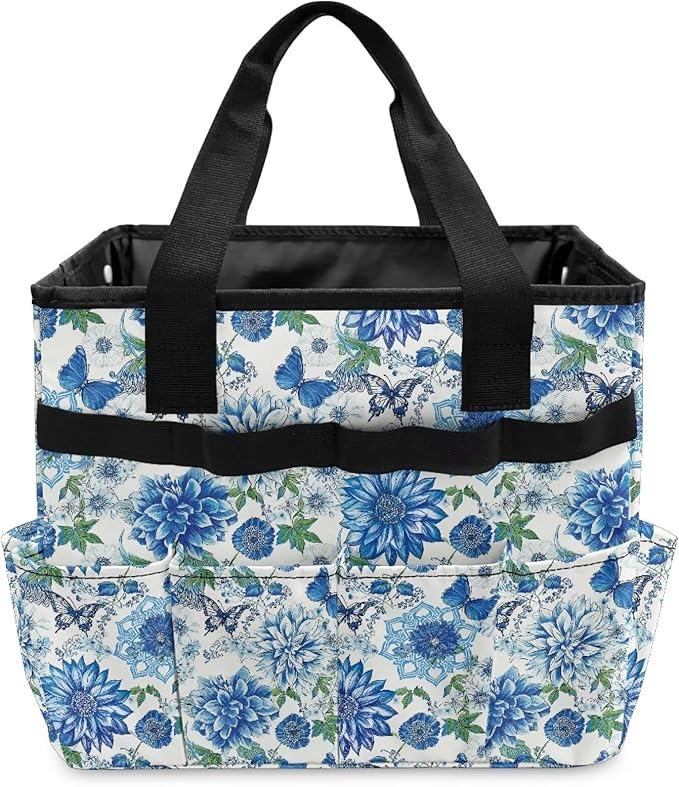Blue Mandala Flower Garden Tool Bag Portable Gardening Tool Organizer Bag with 10 Pockets and Handle Tool Carrier and Storage for Garden Lawn Yard Casual Camp