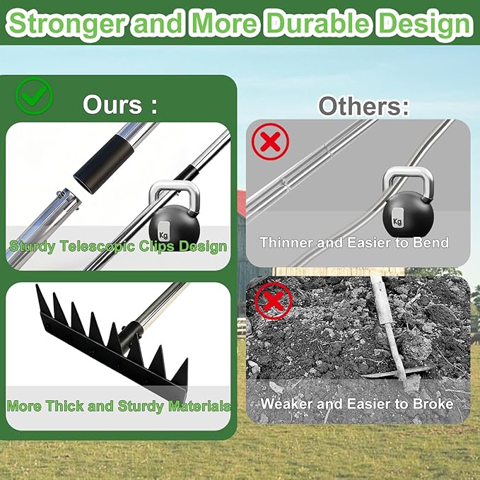 Weed Puller Tool Stainless Steel 8 Tines Manual Weeder Tool with Adjustable Length Handle, Weeder Rakes for for Yard, Patio, Lawn and Garden