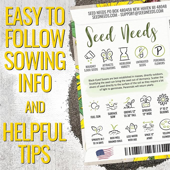 Seed Needs Black Eyed Susan Seeds for Planting | 120,000+ Seeds Rudbeckia Hirta Perennial Yellow Flowers | Bulk 1.4 Ounce Resealable Pouch | Black-Eyed Susan Garden Favorite