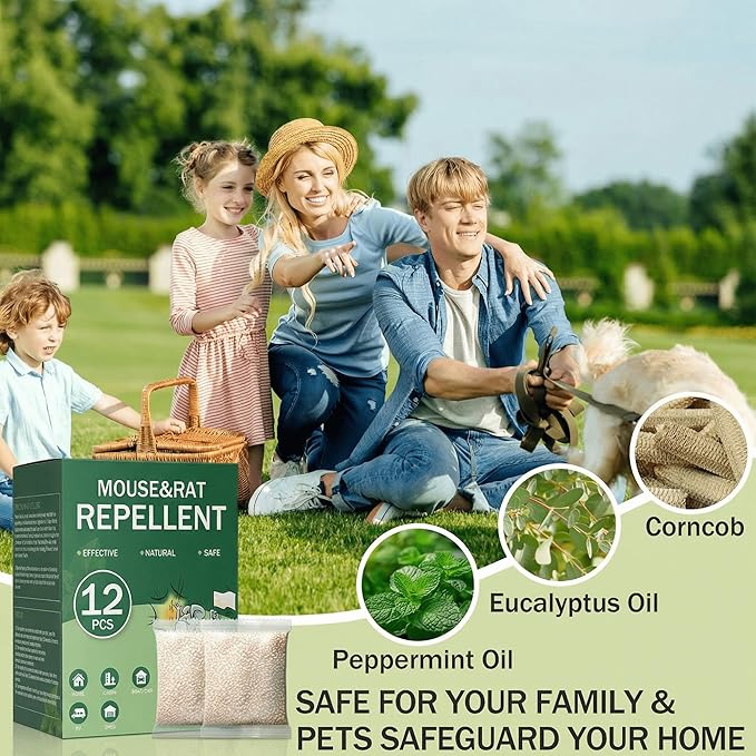 Mouse Repellent Pouches - 12 Pack Extra Strength Peppermint Oil Rodent Deterrent - Natural Indoor & Outdoor Protection for Garage, Storage, RV, Attic & Car - Plant-Based Rat & Squirrel Repeller