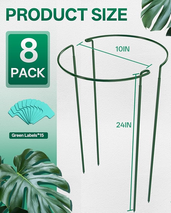 Breeze Touch 8 Pack Plant Support Stakes, 24 Inch Plant Stakes for Outdoor Plants, Peony Cage with 15 Pcs Green Lables, Peony Cages and Supports, Peonies Support Cages Flower Stakes for Plants