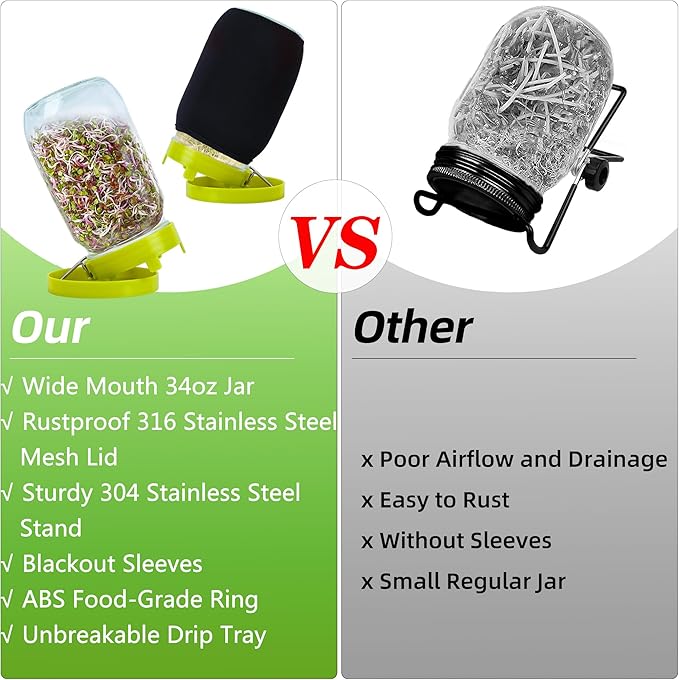Sprouting Kit Sprouts Growing Kit 34oz Wide Mouth Seed Sprouting Jar Germination Kit 304 Stainless Screen Lid and Stand Blackout Sleeve Tray for Growing Bean Alfalfa Sprout Seeds