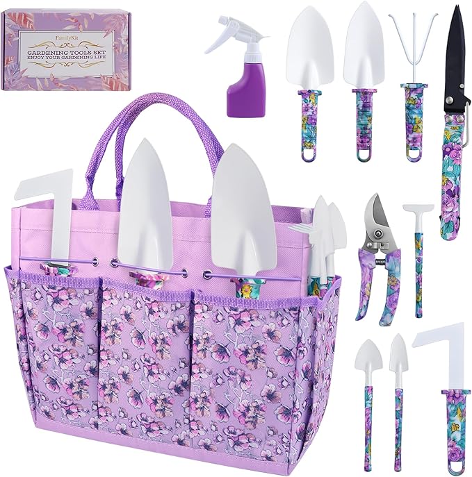 Gardening Tools Set for Women, 10-Piece Purple Floral Heavy Duty Garden Tool Set with Storage Tote Bag, Gardening Tools Kit with Ergonomic Non-Slip Handle, Ideal Women's Gift for Gardening