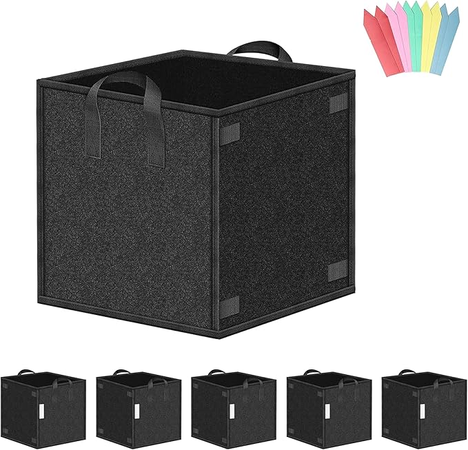 iPower 5-Pack 7 Gallon Square Grow Bags, Vegetable/Flower/Plant Fabric Pots with Handles, Heavy Duty Thickened Nonwoven Planting Bag, Black