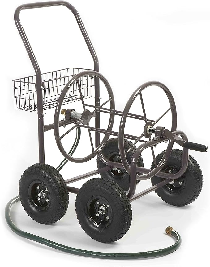 Liberty Garden Residential Grade Four Wheel 250 Foot Capacity Steel Frame Water Hose Reel Cart with Basket for Backyard, Garden, or Home, Brown, Bronze