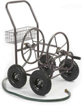 Liberty Garden Residential Grade Four Wheel 250 Foot Capacity Steel Frame Water Hose Reel Cart with Basket for Backyard, Garden, or Home, Brown, Bronze