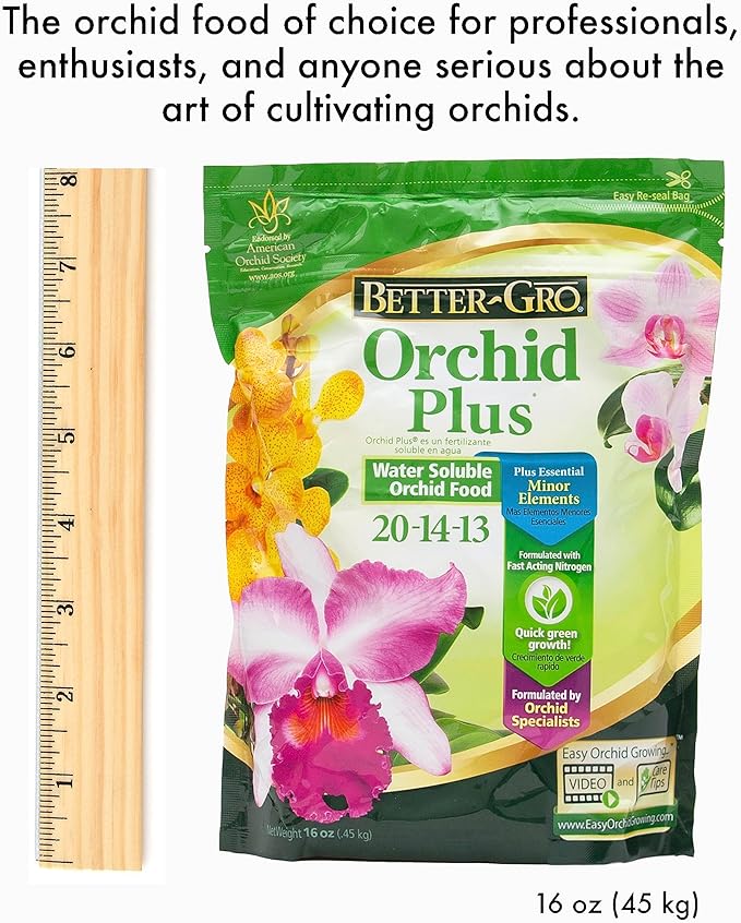 Better-Gro Orchid Plus 20-14-13 - Urea-Free Orchid Fertilizer for Vigorous Growth, Water Soluble, Nitrate Nitrogen-Rich, Ideal for Indoor Potted Plants and Tropical Plants - 16 oz Resealable Bag