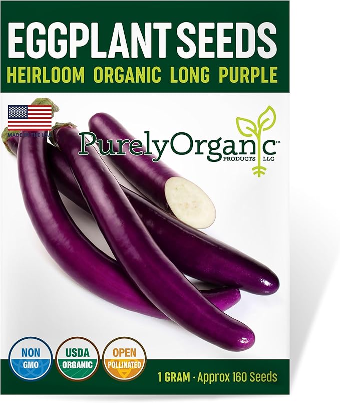 Organic Eggplant Seeds (Long Purple) - Approx 160 Seeds - USDA Organic, Non-GMO, Open Pollinated, Heirloom, USA Origin