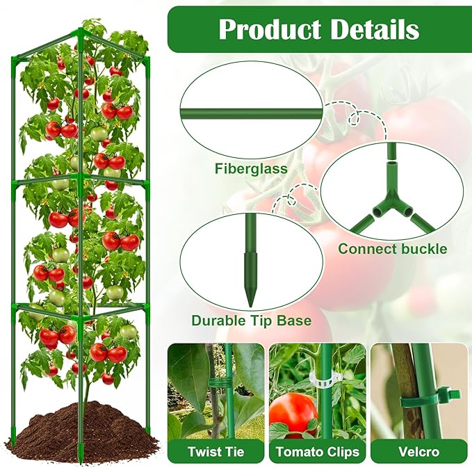 3 Packs Fiberglass Tomato Cages for Garden, 56 Inch Tall Tomato Plant Support, Adjustable Tomatoes Stakes Plant Climbing Trellis for Garden Vegetables Fruits, Tomatoes Support Cages with Clips