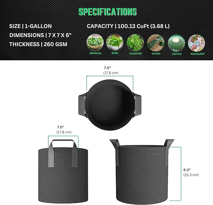 247Garden 5-Pack 1-Gallon Aeration Fabric Pot/Plant Grow Bag w/Handles (260 GSM, Tan w/Black Base, 6H x 7D)