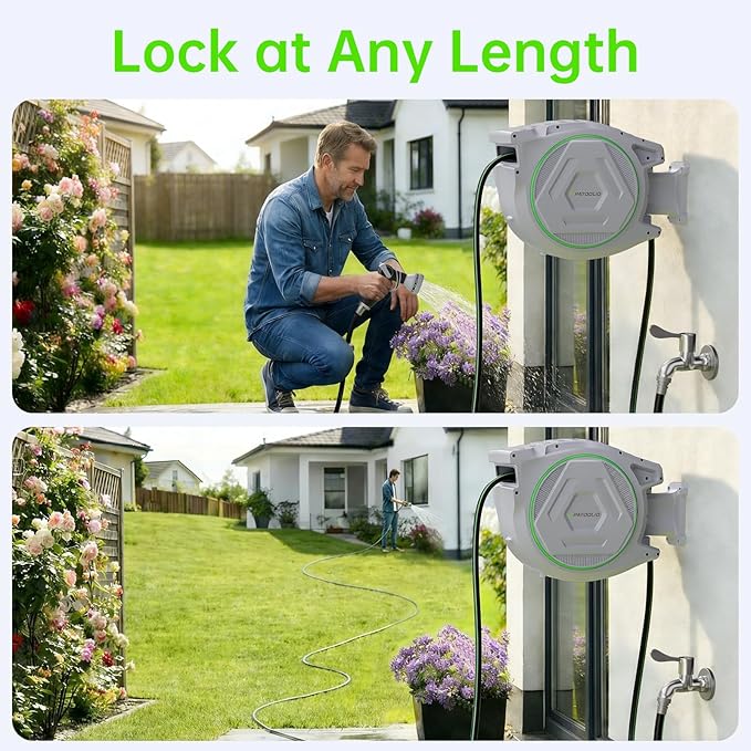 Retractable Garden Hose Reel 5/8 in x 100 ft, Heavy Duty Wall Mounted Water Hose Reel with 9-Pattern Nozzle, Any Length Lock, Automatic Slow Return System, 180° Swivel Bracket, UV Resistant