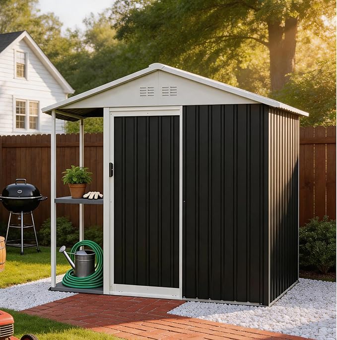 6'x4' Outdoor Storage Shed with External Rack and Shelves, Heavy Duty Metal 2-in-1 Garden Tool Buliding Shed with 1.3'x3.7' Open Side Storage Area for Bike, Lawn, Patio, Backyard