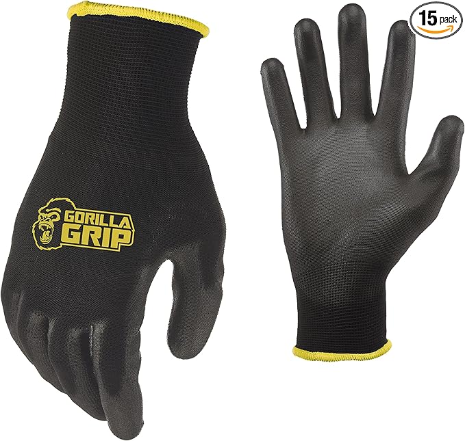 Gorilla Grip Gloves, Max Grip, All Purpose Work Gloves, Slip Resistant, Nylon Shell, Medium, 15 Pairs, Black
