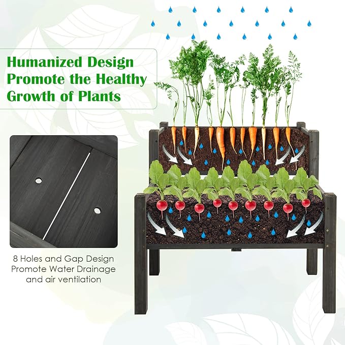 RELAX4LIFE 2-Tier Raised Garden Bed - Fir Wood Garden Elevated Planter Box with Legs, 8 Drainage Holes,220 Capacity for Growing Vegetable, Elevated Garden Bed for Outdoor Yard Patio Balcony (Gray)