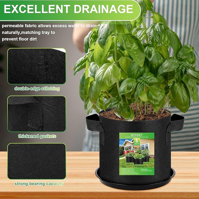5 Pack 5 Gallon Grow Bags with 5 Plant Saucer and 5 Labels 260g Thickened Nonwoven Fabric Plant Pots with Handles, Garden Grow Bags for Vegetables, Aeration Pots