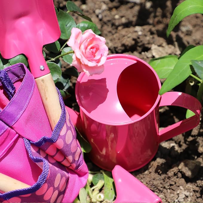 Kids Gardening Tools Set, Toddler Play Kit Child Outdoor Toy with Gloves, Watering Can, Metal Shovel, Rake, Spade & Storage Bag, Backyard Sand Digging Holiday Birthday Gift for Boy Girl 3 4 5 (Pink)