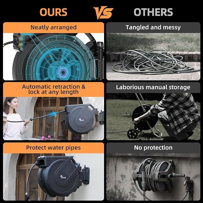 Retractable Garden Hose Reel 5/8 in x100 ft, Heavy Duty Wall Mounted Hose Reel with 10- Function Sprayer Nozzle, Any Length Lock/Automatic Slow Return System,180° Swivel Bracket