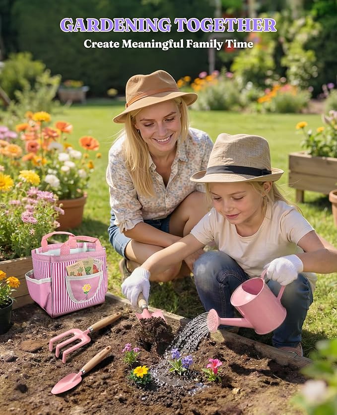 8Pcs Kids Gardening Set with Metal Basket & Real Metal Tools, STEM Outdoor Exploration Kit, Ergonomic Wooden Handles, 3 Shovels, Rake, Watering Can, Gloves, Toy Gift for Toddler Boys Girls