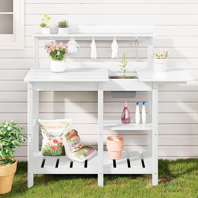 SERWALL Outdoor Potting Bench 2-Piece Set, Rot-Resistant HDPE Potting Table with Removable Sink for Outside Gardening, All-Weather Use - White