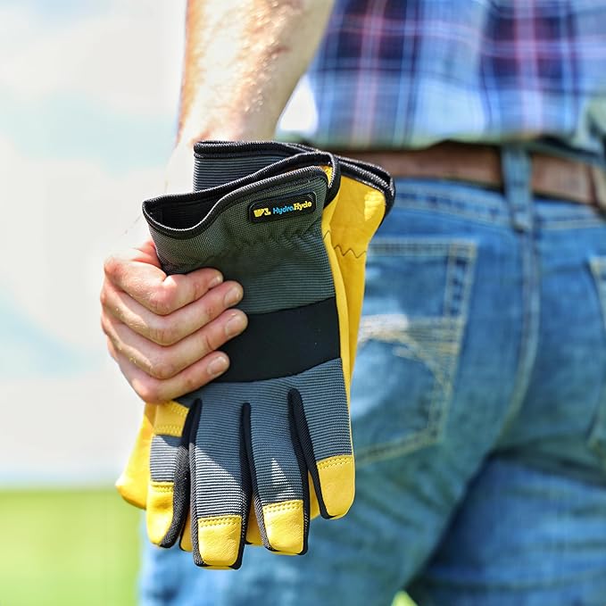 Wells Lamont Men's Slip-On HydraHyde Work Gloves – Water-Resistant Leather for Gardening, Landscaping – Reinforced Fingertips, Breathable Spandex – Durable, Comfortable, Flexible – Gray - M