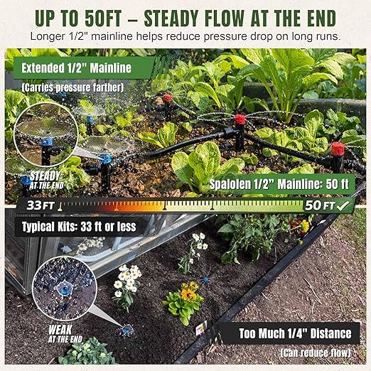 Drip Irrigation System Push-to-Connect Garden Watering System Kit for Raised Beds, Expandable DIY Drip Irrigation Kit with 1/2" & 1/4" Tubing, Adjustable Emitters, Leak-Proof Connectors