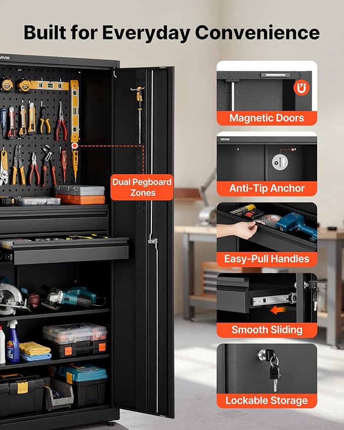 VEVOR Metal Storage Cabinet, 180 lbs Shelf Load Capacity, 70.87" Tall Garage Tool Storage Cabinet with 2 Locking Doors, Adjustable Shelves, 2 Drawers, Pegboard, for Garage, Home, Office, Utility Room