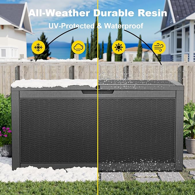 120 Gallon Deck Box,Resin Outdoor Storage Box with Lockable for Patio Furniture, Pool Accessories, Garden Tools Waterproof Outside Storage Box (Black)