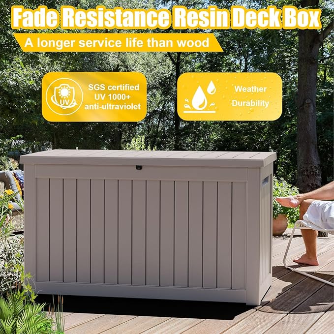281 Gallon Large Resin Deck Box, Lockable Outdoor Storage Box for Patio Cushions Storage Furniture,Garden Tools, Pool Supplies, Weatherproof and UV Resistant (Grey)
