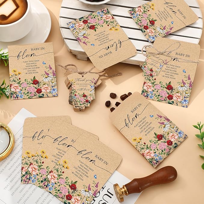 JarThenaAMCS 100Pcs Baby Shower Seed Packets Spring Wildflower Self Adhesive Kraft Envelopes with Thank You Tags Baby in Bloom Seed Storage Pockets for Garden Party Favors Supplies