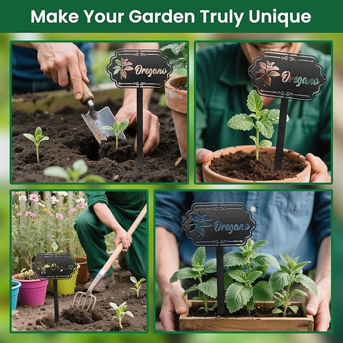 CUTHOLLOW Metal Plant Marker Stake Oregano for Outdoor Indoor, Waterproof 11.8 inch Cute Garden Plant Labels Sign Tag for Herb, Farmhouse Greenhouse Decor - Funny Gardening Gifts