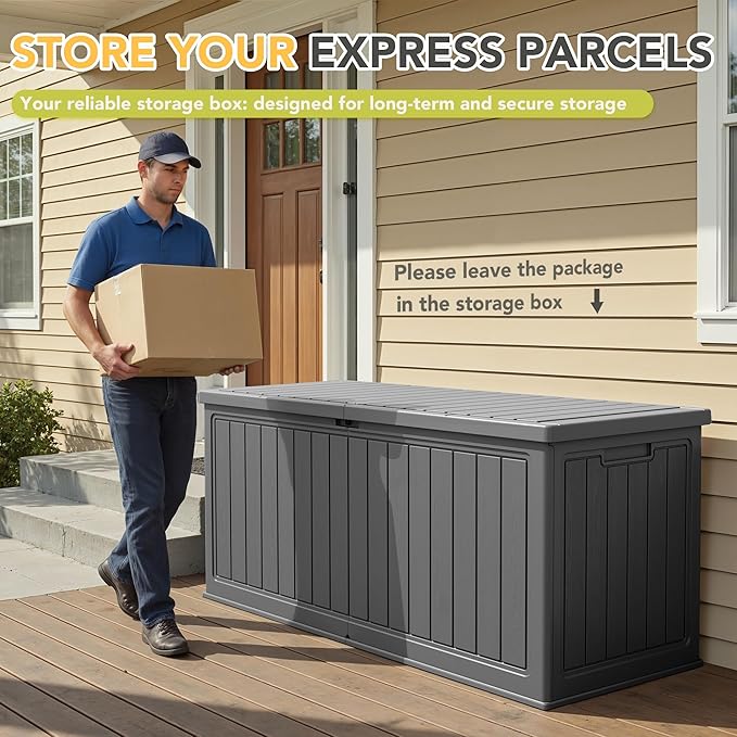 270 Gallon HDPE Deck Box Outdoor Indoor Waterproof Storage Box for Patio Furniture, Pool Accessories, Garden Tools, and Cushion Storage, Gray