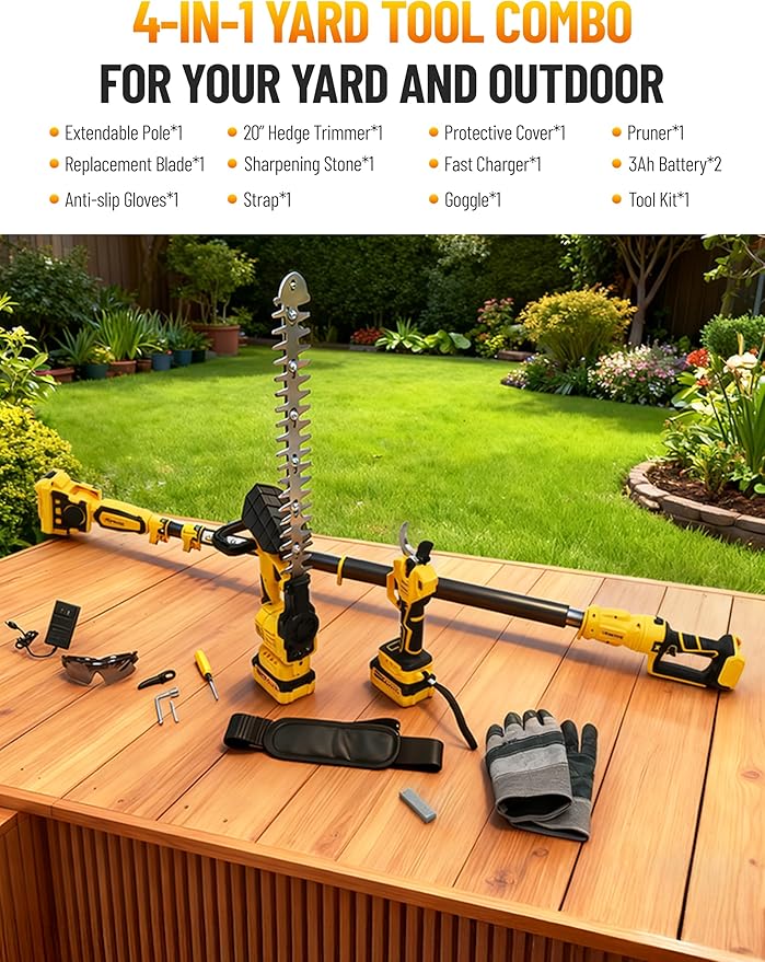 4-IN-1 Electric Pruning Shears+Pole Hedge Trimmer Combo, Hedge and Grass Trimmer Cordless & Tree Pruner with Extension Pole for Shrubs, Bushes, Max 15Ft Reach, Compatible with Dewalt Battery