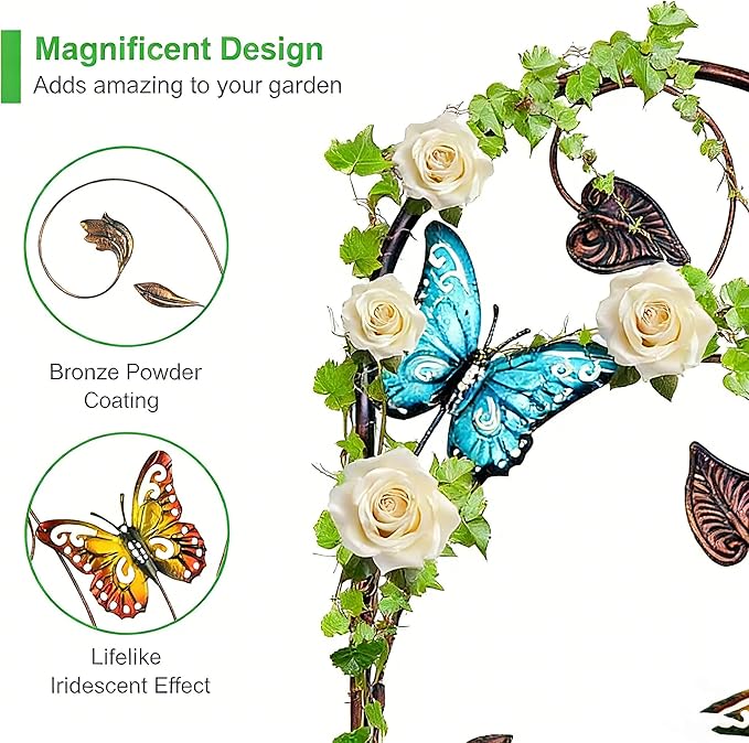 2 Pack Metal Garden Trellis with Colorful Butterfly, Outdoor Decoration Arched Fence Trellis for Climbing Plants for Patio, Backyard, Lawn, Wall Brackets