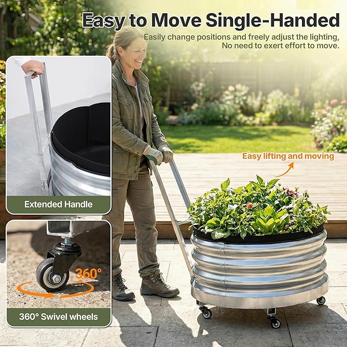 Galvanized Metal Raised Garden Bed Outdoor with Wheels, Planters Box for Outdoor Plants with Geotextile Grow Bag & Plastic Tray Pad, for Vegetables/Herbs/Flowers, 24" X 24"