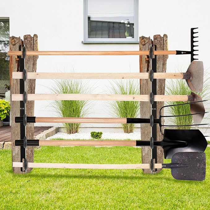Dunzy 4 Sets 6-Tool Landscape Trailer Rack for Lawn Equipment 6 Hole Hand Tool Storage Rack Landscaping Shovel Holder for Truck with Rubber Grommets and Mounting Hardware Accessories, Black