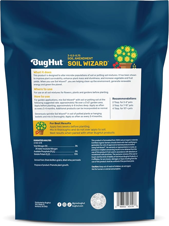 BugHut Soil Wizard Organic Soil Amendment – All Purpose Plant Food for Houseplants, Vegetables, Flowers, and Herbs - Chemical-Free Nutrient Source for Indoor & Outdoor Gardens - 8 lbs.