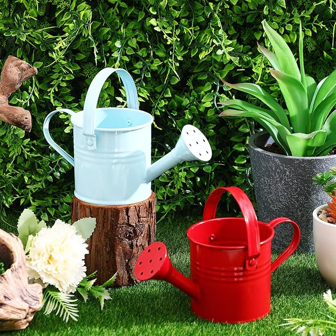 Kids Watering Can Metal Small Watering Can for Indoor Plants, Iron Mini Water Bottle for Garden Yarde Home Plants Flower Bonsai Pots (Red and Light, 2PCS)