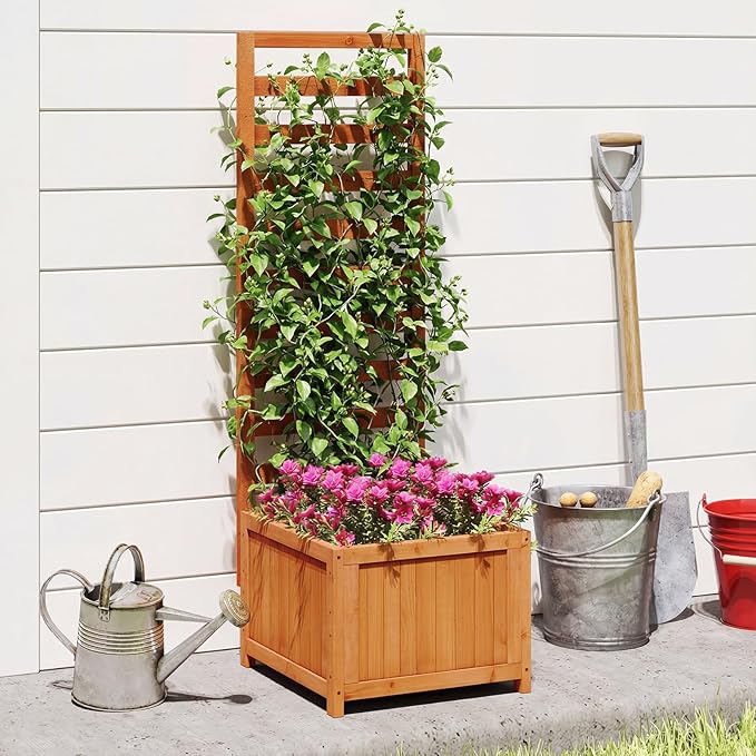 HAPPYGRILL Raised Garden Bed with Trellis, 48" Wood Elevated Planter Box w/Drainage Holes & Gaps for Climbing Plants Vines Flowers, Indoor Outdoor Privacy Fence Planter Raised Bed for Patio Yard (1)
