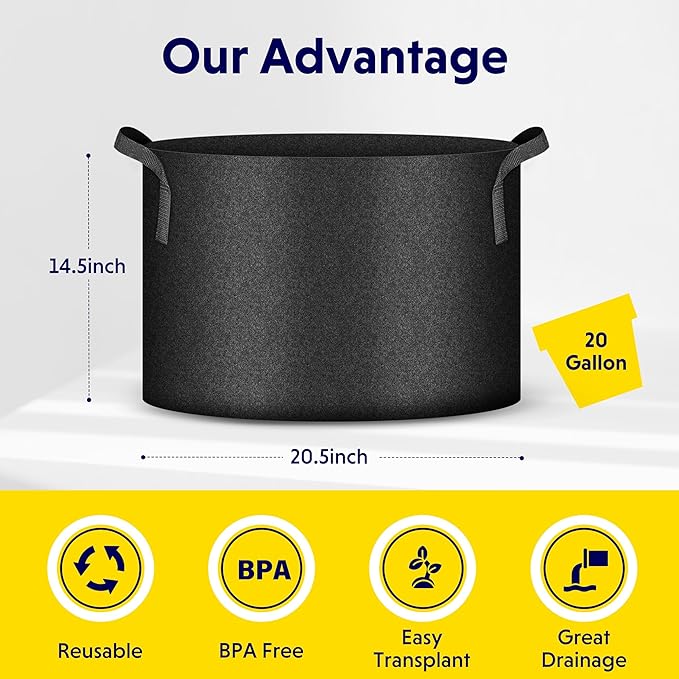 iPower 5-Pack 20 Gallon Plant Grow Bags Thickened Nonwoven Aeration Fabric Pots Heavy Duty Durable Container, Strap Handles for Garden, Black New