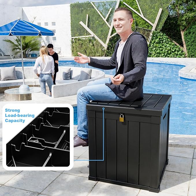 PatioZen 50 Gallon Outdoor Deck Box,Waterproof Resin Outdoor Storage Boxes, Outside Storage Lockable Container for Garden Tools,Indooor Cushions,Accessories (Black)