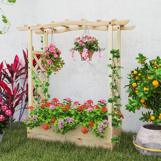 Giantex Raised Garden Bed with Trellis & Hanging Roof, Wooden Elevated Planter Box with Drainage Hole, Freestanding Gardening Planter Raised Bed for Flowers Herbs Climbing Plants Vines, 44”x14”x45”
