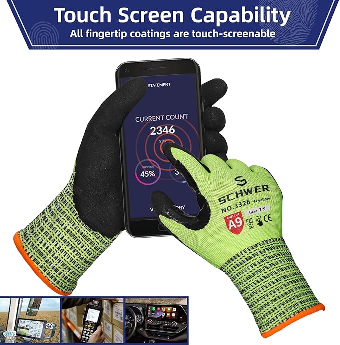 Schwer ProGuard Highest Level Cut Resistant Work Gloves PR3326 for Extreme Protection，ANSI A9 Cut Gloves with Reinforced Thumb, Non Slip, Breathable, Durable, Touch-screen, Yellow 1 Pair（M）