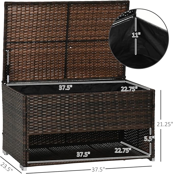 Outsunny Outdoor Deck Box and Shoe Storage, PE Rattan Wicker Towel Rack with Liner for Indoor, Outdoor, Patio Furniture Cushions, Pool, Garden Tools, Brown